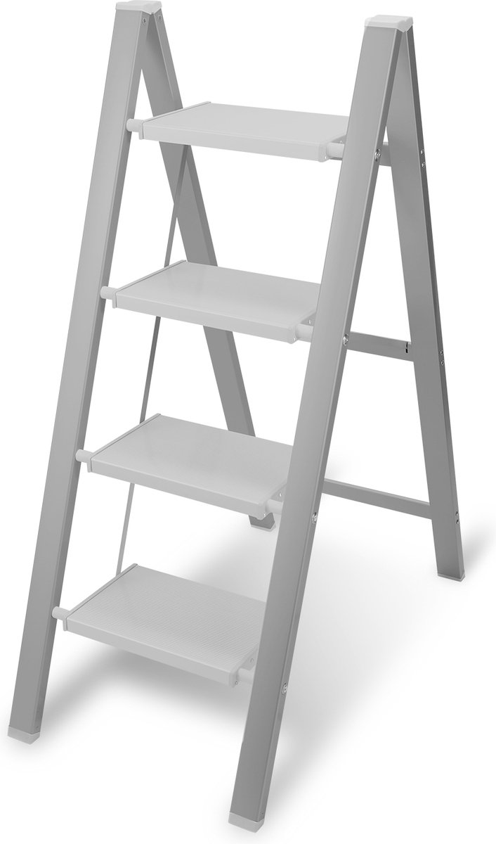 Trapladder Opvouwbare ladder 4 Treden Keukentrap Inklapbaar - Anti-Slip - Trap Ladder Alu zilverachtig