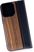Houten design flip case, iPhone 15 Pro Max – Notenhout met zwart leer