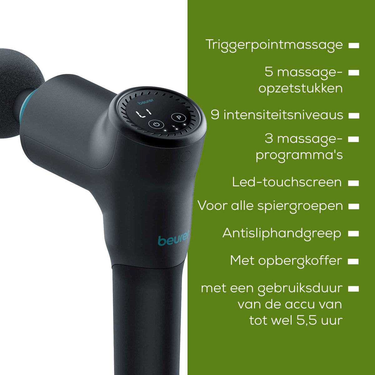 Afbeelding 3 van Beurer MG 185 Massageapparaat - Massage Gun - 5 Opzetstukken/koppen - 9 Intensiteitsniveaus - 3 Programma's - Krachtige batterij: 5,5 Uur gebruiksduur - LED touchscreen - Opbergkoffer - 3 Jaar garantie - Zwart
