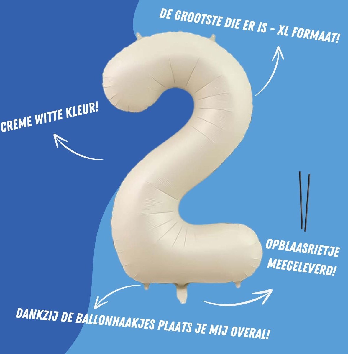 Folieballon Cijfer 2 Jaar Verjaardag Versiering Cijferballon Feest Decoratie Helium Ballonnen Folie Nude Wit - Xl — afbeelding 2