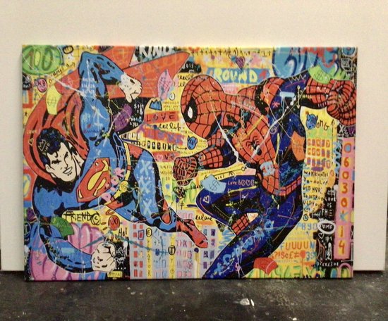 Schilderij - Superman & Spijderman- Mixed Media- Katoenen canvasdoek op houten frame- 100x70cm