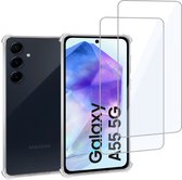 Hoesje + 2x Screenprotector geschikt voor Samsung Galaxy A55 – Tempered Glass - Extreme Shock Case Transparant