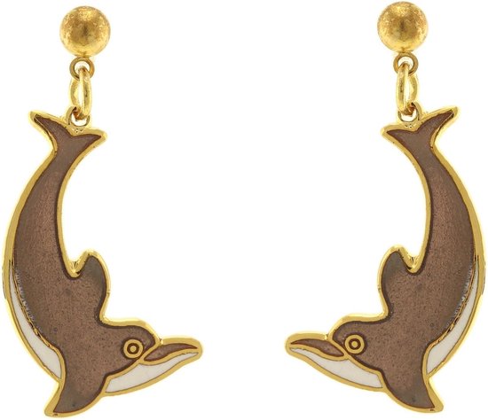 Behave Oorbellen hangers dolfijn bruin wit emaille 3,5 cm