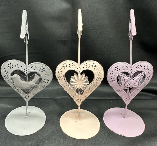 Metalen foto/kaart houders "hartjes met bloem/vogel/vlinder" voor kinderen - set van 3 stuks - meerkleurig - met metalen clip - hoogte 15x7x5 cm - Woonaccessoires - Decoratieve foto / kaart houders voor kinder kamer