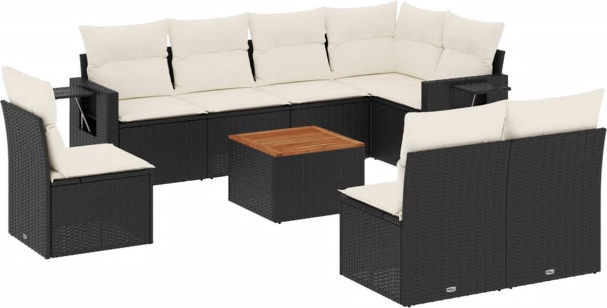 vidaXL 9-delige - Loungeset - met - kussens - poly - rattan - zwart