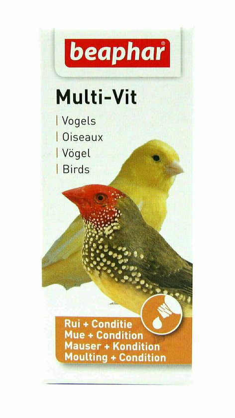 Beaphar Multi-Vit met een gele kanarie en een roodkoppeerwiek, met de tekst 'Rui + Conditie'.