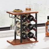 Wijnrek klein voor 6 flessen, vrijstaand flessenrek met 3 niveaus, flessenhouder met glashouder en tafelblad, voor kelder, bar, keuken, 34 x 20 x 37 cm, vintage bruin-zwart