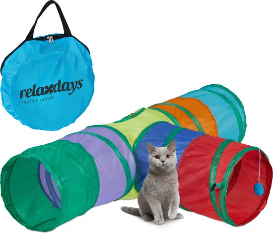Relaxdays kattentunnel 3 gangen - opvouwbaar - pop-up - speeltunnel katten - met tas - Relaxdays