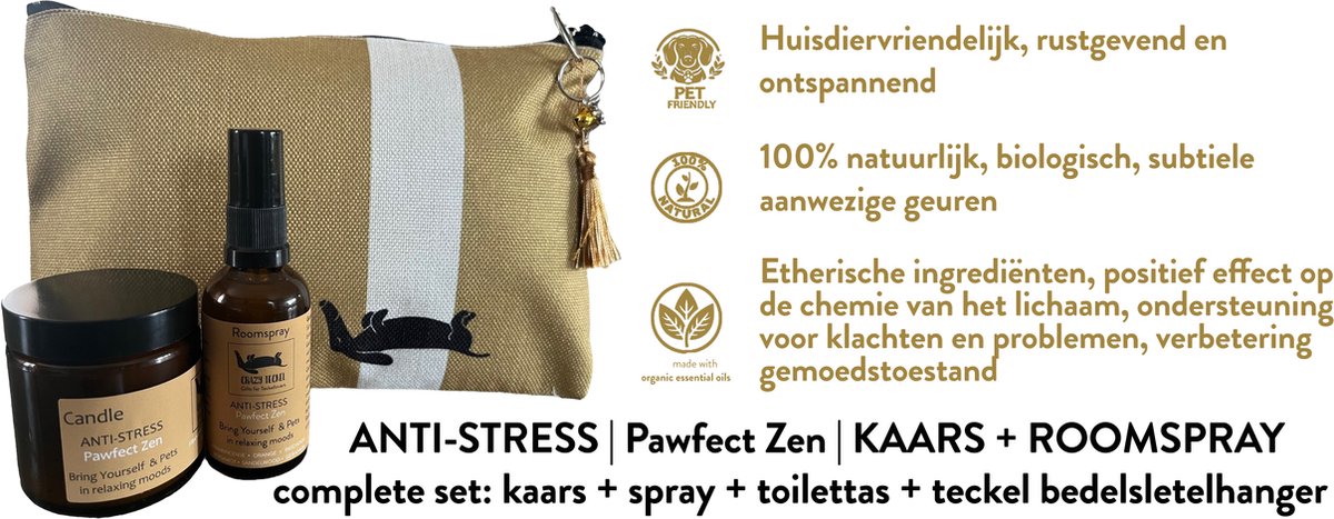 Goedkoopste Teckel - anti-stress - pawfect zen - geurkaars - roomspray - diervriendelijk - essentiële etherische oliën - 100 natuurlijk - biologisch - geurcosmetica - parfum - geur - kaars (120ml) - spray (50ml) - toilettas - teckel sleutelhanger