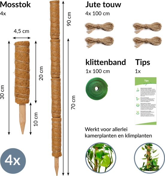 Vier kokos mosstokken van 4x30cm met juten touw en klittenband, plus tips voor planten.