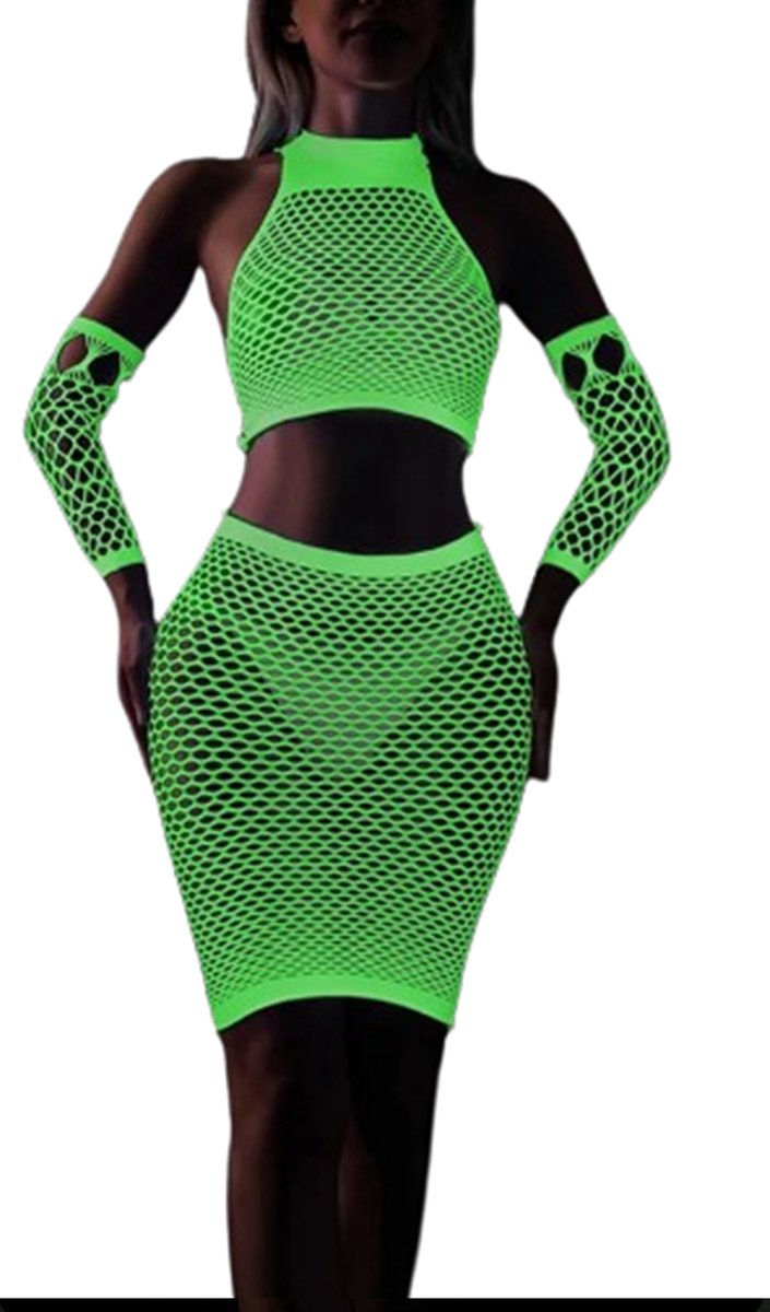 Goedkoopste 4-delige Neon deluxe outfit - Glow in the dark lingerie - Mouwen - Rokje - Sexy top - Nachtclub - Erotische visnet look - One size