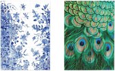 Set van 2 theedoeken - kunst collectie - Delft Blauw Tegel Plateau & Pauw veren - 100 % katoen 50 x 70 - by supervintage