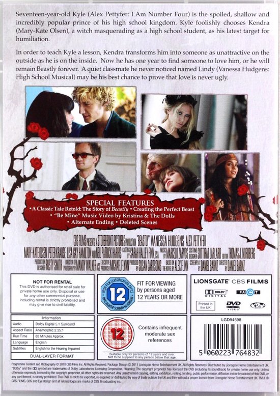 Achterkant dvd "Beastly" met foto's, "Special Features" en "Not for rental".