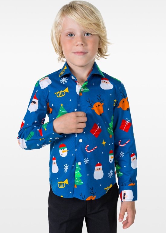 OppoSuits SHIRT LS Festivity Blue Boys - Kids Overhemd - Kerstshirt - Blauw - Maat 6 Jaar