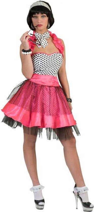 Funny Fashion - Jaren 50 Kostuum - Rockn Roll Is Here To Stay Jurk Roze Vrouw - Wit / Beige - Maat 36-38 - Carnavalskleding - Verkleedkleding