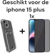 iphone 15 max hoesje transparant antishock met pashouder + 1x privacy screenprotector - apple iphone 15 max doorzichtig achterkant antischok with card holder + 1x privacy tempered glass 3D