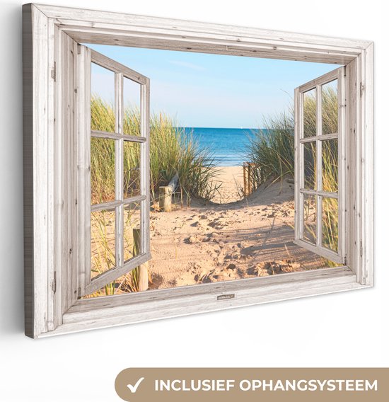 Doorkijk schilderij - Strand - Zee - Duin - Zand - Blauwe lucht - Houten raam - Canvas doorkijk - Wanddecoratie - 140x90 cm