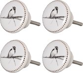 Clayre & Eef - Meubelknop - Deurknop - Vogel - 4 cm - Keramiek - Wit - Set van 4