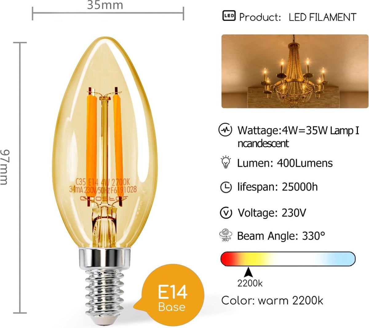 Aigostar LED Filament C35 4W - E14 fitting - 2200K - Amber - 1 stuks