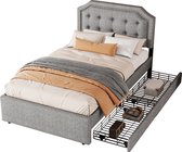 Merax Gestoffeerd Eenpersoonsbed 90x200 - Luxe Bed met Decoratie en Opbergruimte - Grijs
