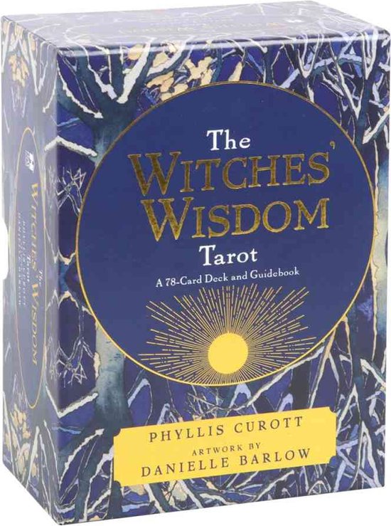 De 'The Witches' Wisdom Tarot' doos, blauw met gouden tekst, takken en een zon.