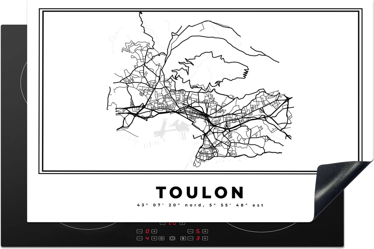 KitchenYeah® Inductie beschermer 81.2x52 cm - Kaart – Toulon - Zwart Wit – Plattegrond – Stadskaart - Kookplaataccessoires - Afdekplaat voor kookplaat - Inductiebeschermer - Inductiemat - Inductieplaat mat