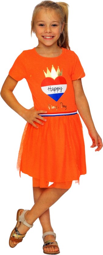 Oranje Meisjes T-shirt Jurk - T-shirtjurk - Happy King's Day - Voor o.a. Koningsdag - Holland - Maat: 98/104 - 3 tot 4 jaar