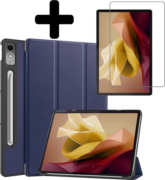 Hoes Geschikt voor Lenovo Tab P12 Hoes Luxe Hoesje Case Met Uitsparing Geschikt voor Lenovo Pen Met Screenprotector - Hoesje Geschikt voor Lenovo Tab P12 Hoes Cover - Donkerblauw