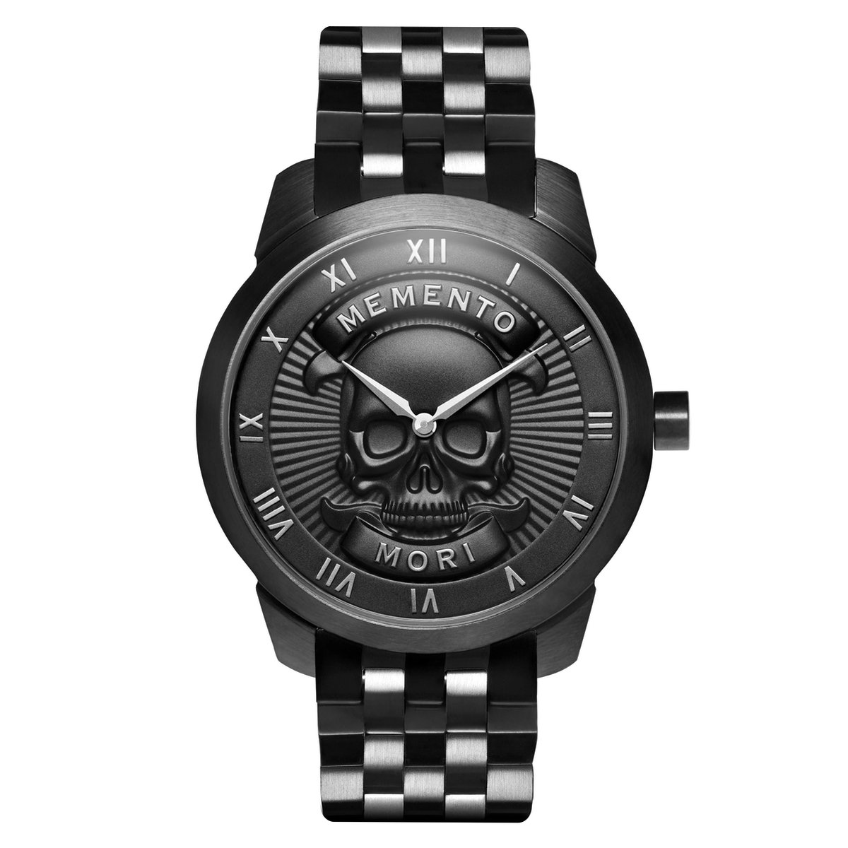 Lucleon Memento Mori zwart roestvrijstalen horloge met doodshoofd voor heren