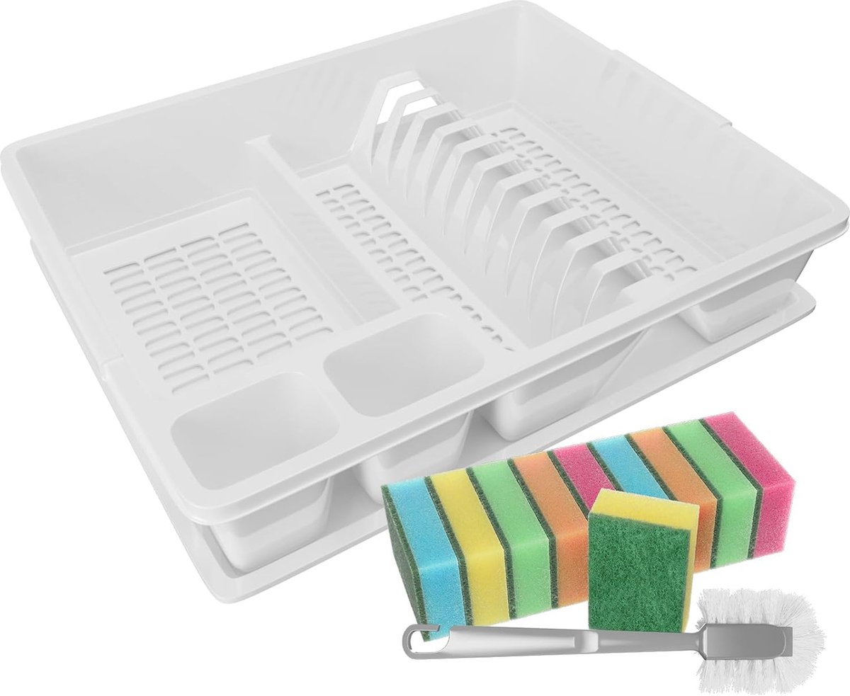 Goedkoopste WELLGRO - Afdruiprek van kunststof, met reinigingsborstel en 10 sponzen, 44 x 35 x 9 cm (l x b x h) - afdruiprek voor gootsteen - Wit