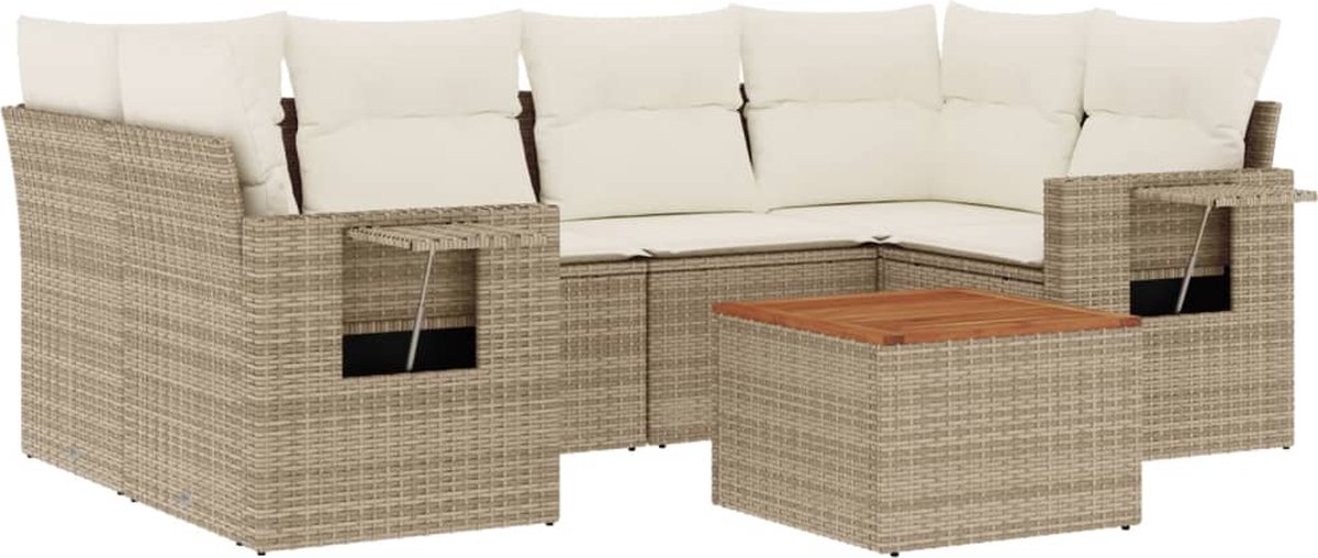 vidaXL 7-delige - Loungeset - met - kussens - poly - rattan - beige
