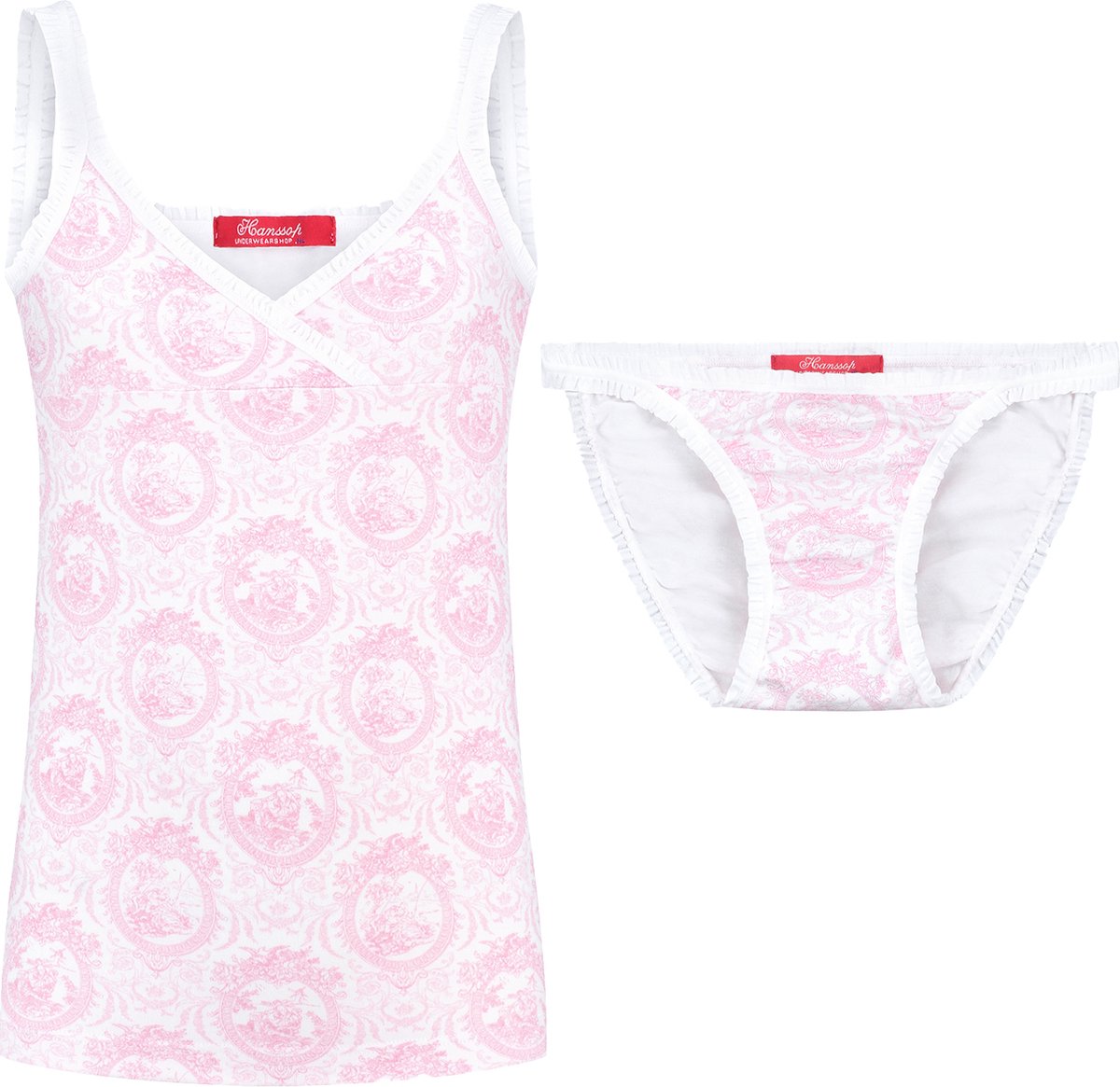 Exclusief Luxueus Kinder ondergoed Luxe mooi zacht roze Girly ondergoed setje van Hanssop met fashionable elastische rand details en in een luxe exclusieve Hanssop Pink Toile design, Meisjes setje bestaande uit een Hemd met bijpassende Tanga, 164