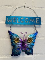 Metalen decoratie tuin hanger "welcome + deco stenen" vlinder -Roze + blauw + paars - hoogte 30 x 20 x 1 cm - Woonaccessoires - Decoratieve hangers - Tuinaccessoires