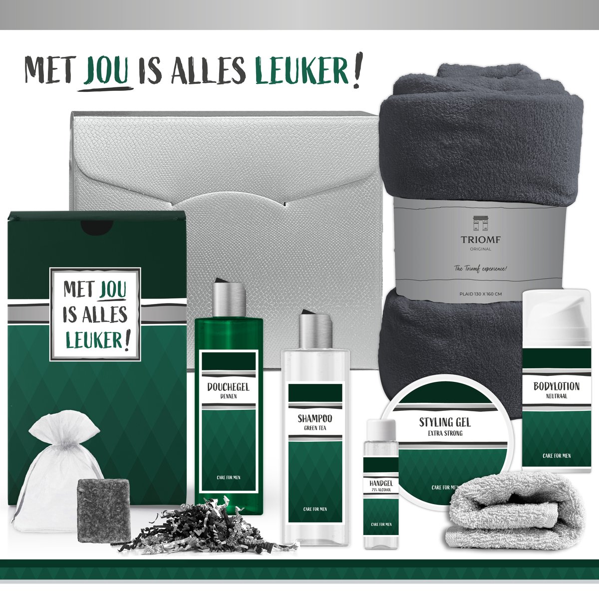 Goedkoopste Geschenkset Met jou is alles leuker! - 8 Producten - 1375 Gram | Giftset voor hem - Luxe cadeaubox man - Douchegel Dennen - Cadeaupakket - Gift Vaderdag - Verjaardag - Wellness Pakket Deluxe - Cadeau set - Vader - Broer - Vriend - Collega - Groen