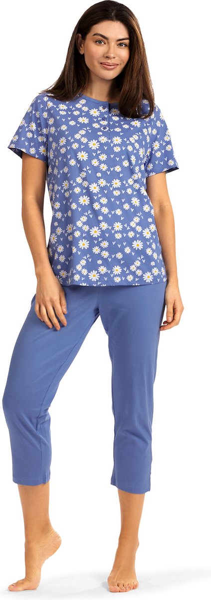Comtessa Dames Pyjama 'Flowers and Stripes' - Blauw - Katoen - Maat 50