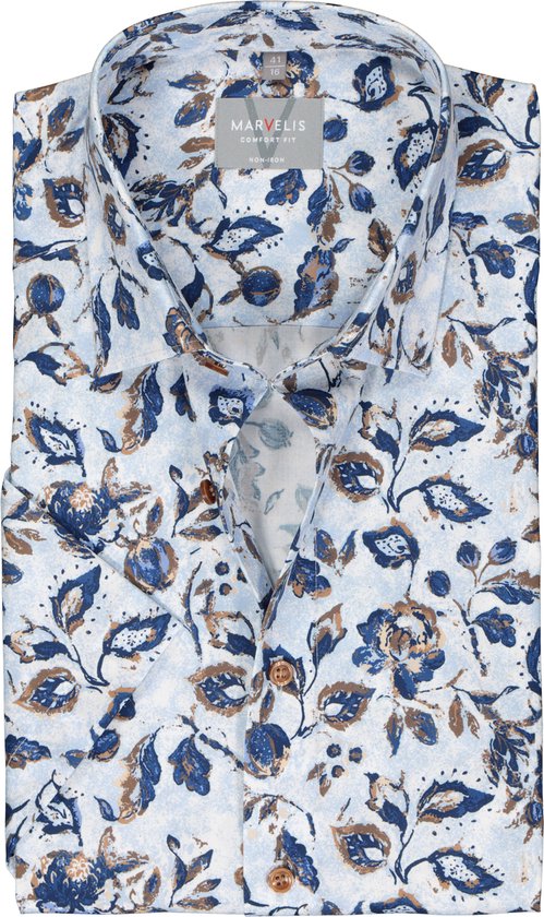 MARVELIS comfort fit overhemd - korte mouw - popeline - lichtblauw met beige en donkerblauw dessin - Strijkvrij - Boordmaat: 41