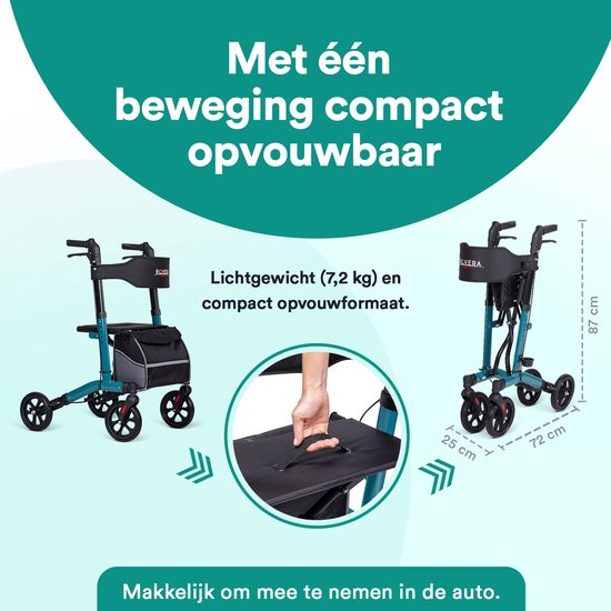 Een turquoise rollator, ingeklapt en open. Lichtgewicht (7,2 kg) en compact opvouwformaat. Makkelijk mee te nemen in de auto.