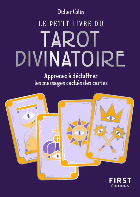 Boek 'Le Petit Livre du tarot divinatoire' met kaarten met symbolen zoals een oog, zandloper en kroon op een paarse achtergrond.