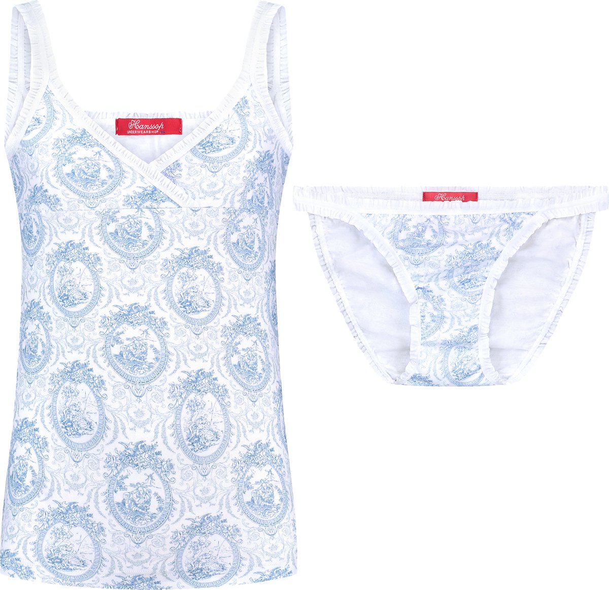 Exclusief Luxueus Kinder ondergoed Luxe mooi zacht blauw Girly ondergoed setje van Hanssop met fashionable elastische rand details en in een luxe exclusieve Hanssop Blue Toile design, Meisjes setje bestaande uit een Hemd met bijpassende Tanga, 164