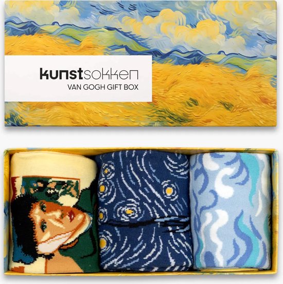 Kunstsokken - 3-Pack Vincent van Gogh Cadeauset - 80% Bio Katoen - Cadeaubox - Geschenk