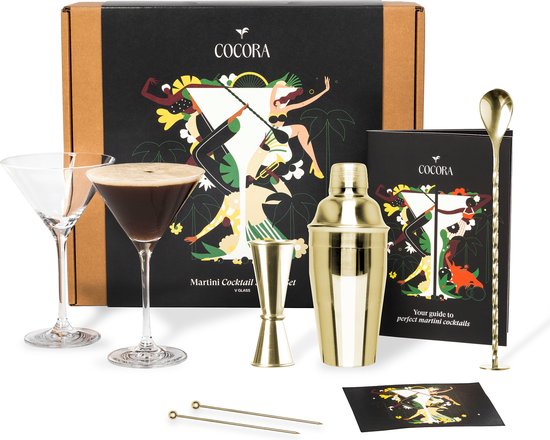 Cocora Martini Geschenkset - 9-delige RVS Cocktail Set - Cocktailshaker - Martini Glazen - Cocktail Boek met o.a. Pornstar, Espresso Martini recept - Goud