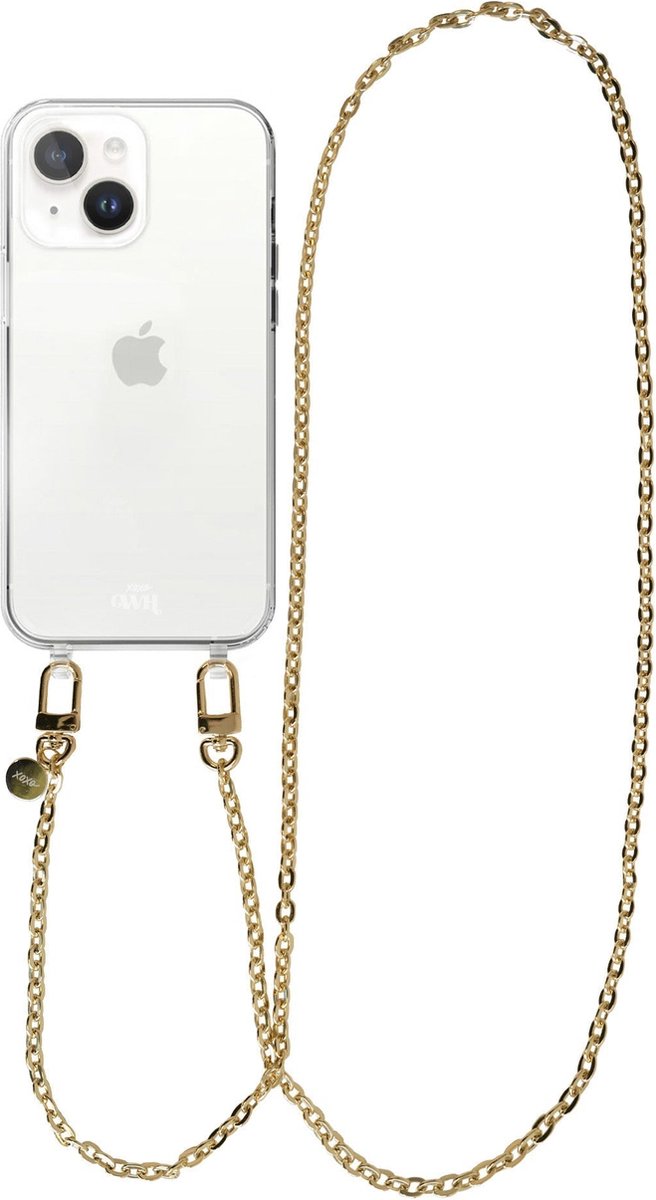xoxo Wildhearts siliconen hoesje - Geschikt voor iPhone 13 Mini - Dreamy - Telefoonhoesje - Hoesje met koord - Gouden ketting - lang telefoonkoord - Transparant hoesje (lange variant)