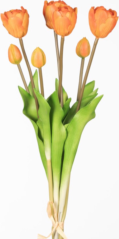 Real Touch Tulip Dubble Bundle x7 L44cm Orange - Real Touch Tulpen - oranje- Tulpen - Kunstbloemen - Kunst Tulpen - Kunst Boeket - Tulp - 44 CM - Zijden Bloemen - Latex Bloem - Bruiloft - Voorjaar - Lente