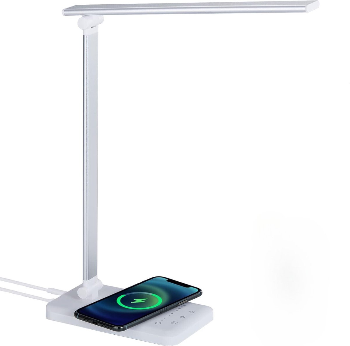 Lichtendirect- Led Bureaulamp met Draadloze Oplader - Wit zilver- Dimbaar - 5 Modus - Touch -Leeslamp-Tafellamp-