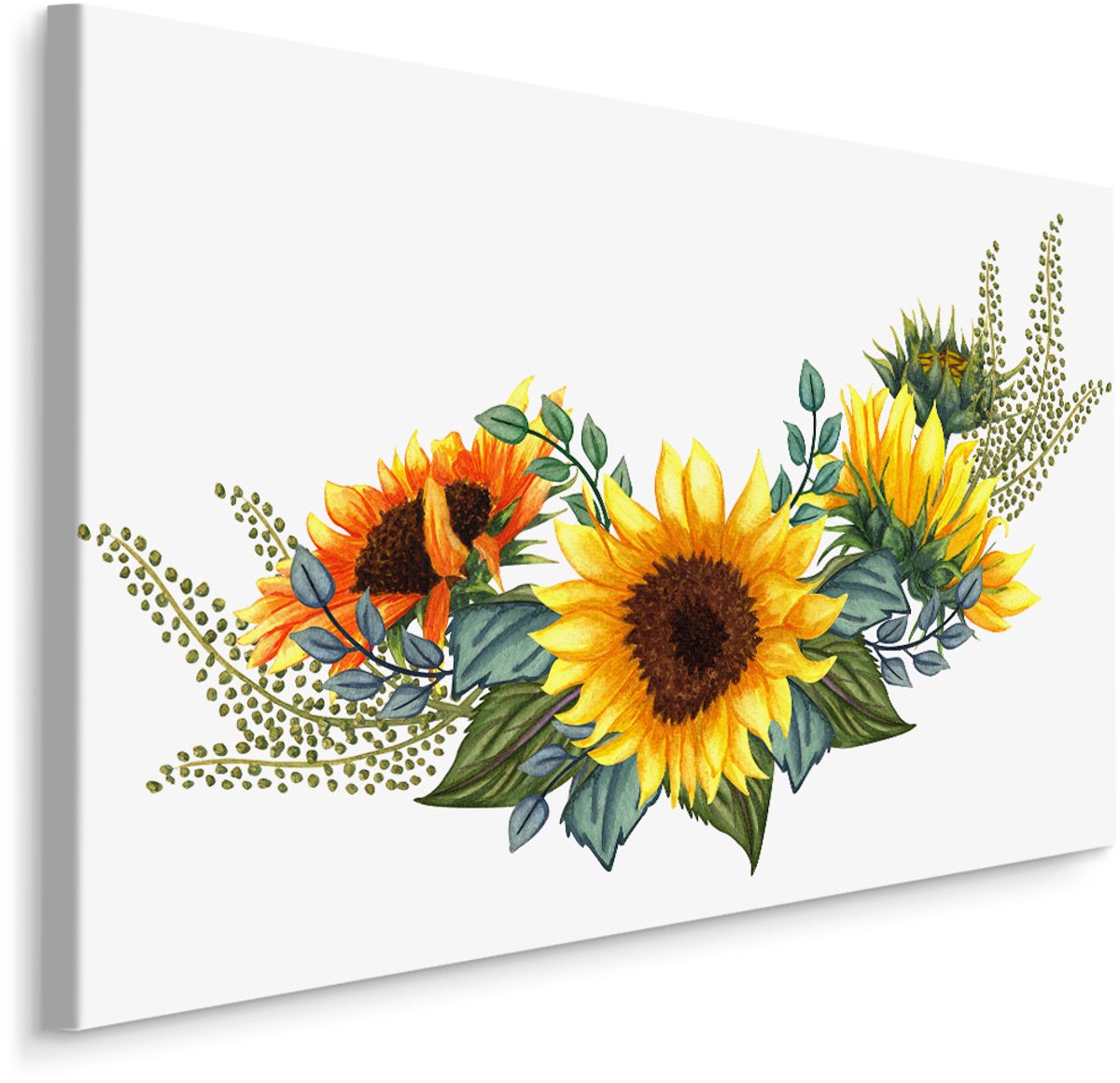 karo-art Schilderij - Zonnebloem en bladeren (print op canvas), premium print Multikleur