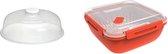 magnetron-afdekhoes met ontluchtingsventiel & Rotho Memory Microwave stoompan met zeef voor magnetron, kunststof (PP) BPA-vrij, rood/transparant, 1,7 l (19,5 x 19,5 x 9,1 cm)