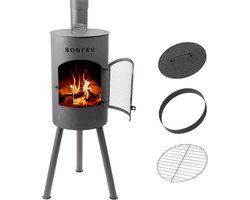 BonFeu BonGiano SP Tuinhaard Zwart Staal - Houtkachel met Grill - Buitenkoken - Tuinkachel voor Sfeervolle Avonden - 30x30x142 cm