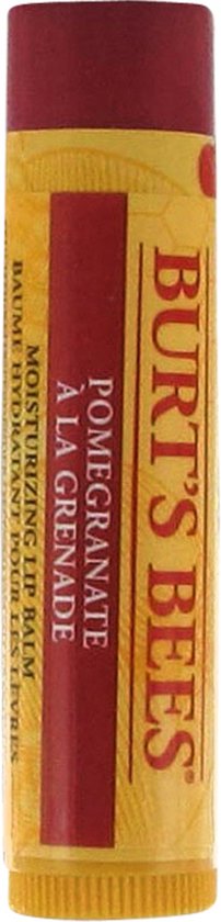 Burt's Bees lippenbalsem, granaatappel. Gele verpakking met rood-bruine opdruk.