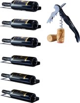 Wijnrek Wandmontage 6 Flessen - Wijnkast - Wijnfleshouder Hangend aan de muur - Wijnopslag met kurkentrekker Zwarte poedercoating Metaal Stalen flessenrek Industrieel