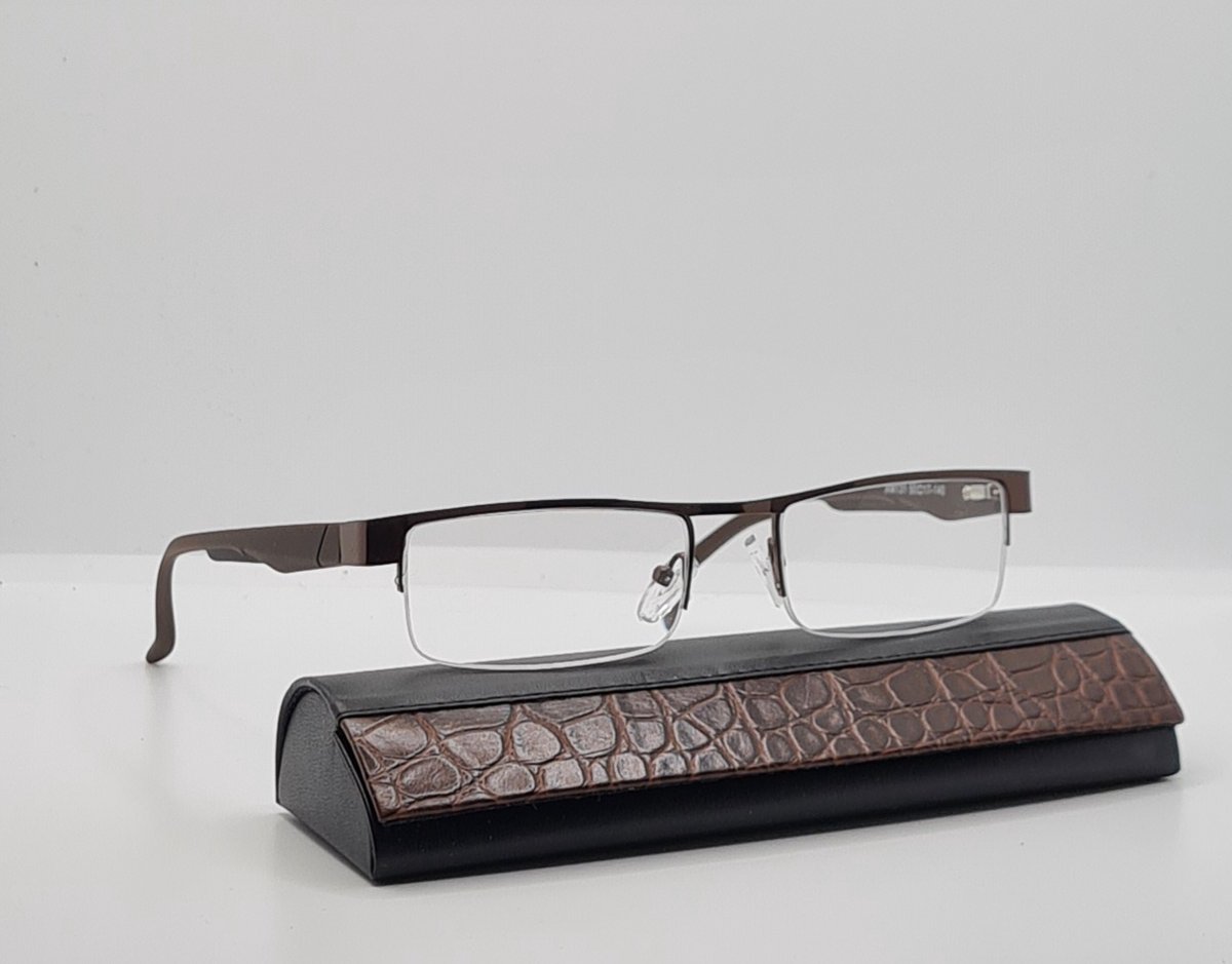 Leesbril +1.5 / bruine halfbril van metalen frame / metalen veerscharnier / bril op sterkte +1,5 / unisex leesbril met microvezeldoekje / dames en heren leesbril / XM131 bruin / lunettes de lecture demi-monture / Aland optiek